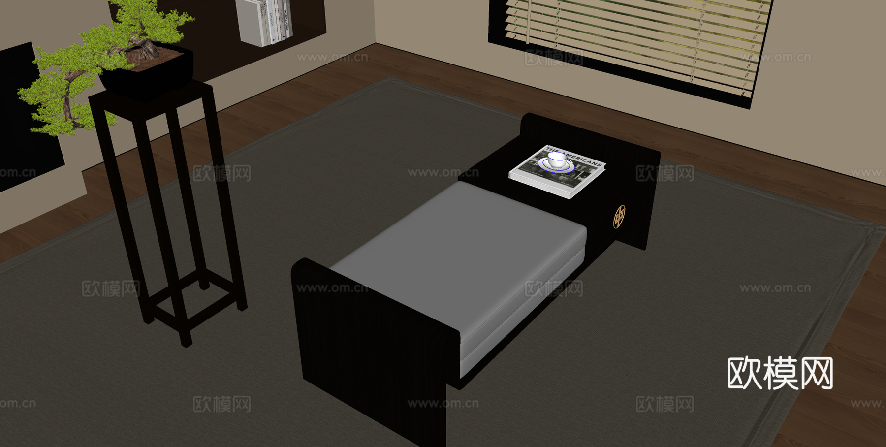 新中式床尾塌 换鞋沙发 长形沙发 床尾凳 花架su模型