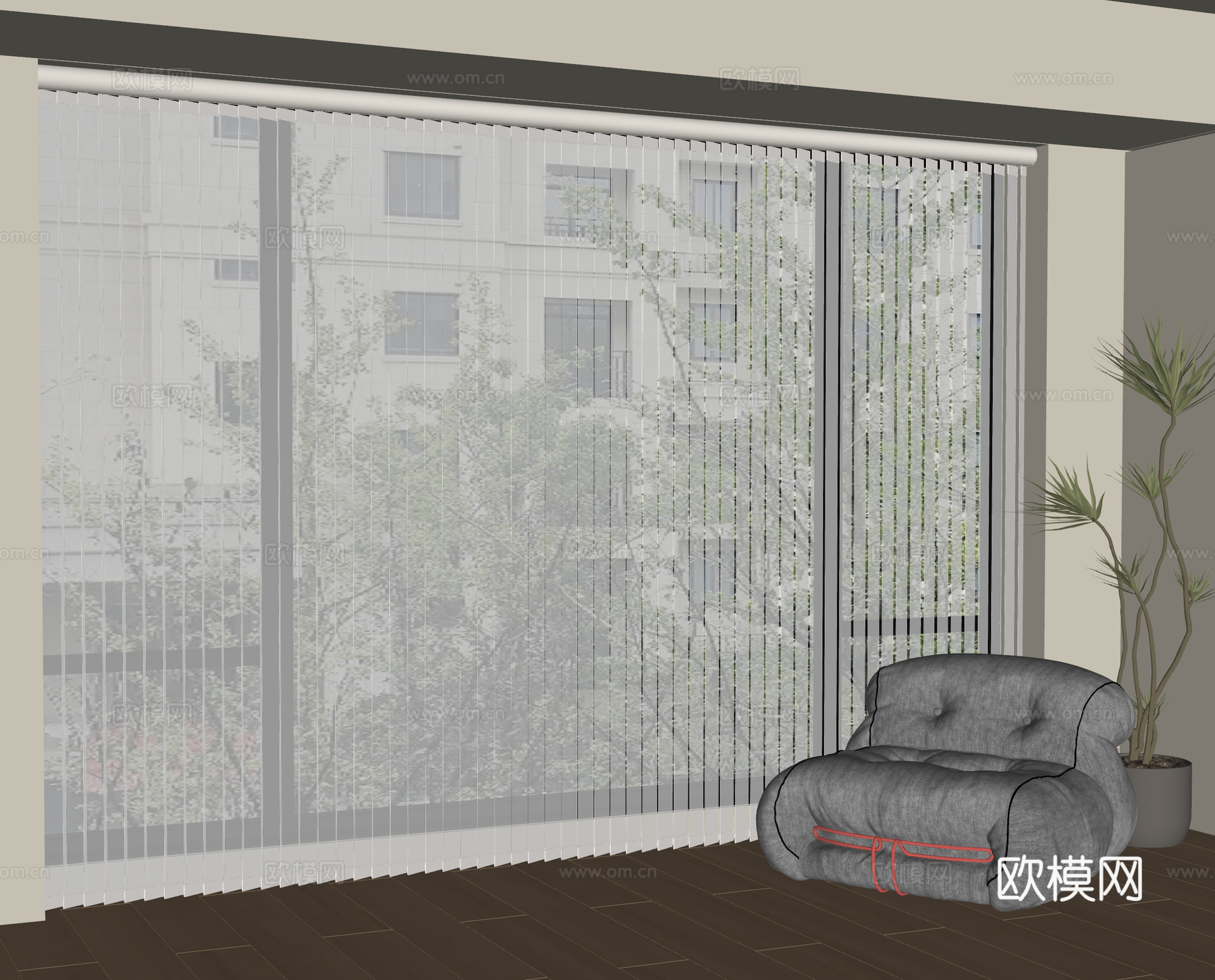 现代梦幻帘 窗帘 遮光帘 单人沙发 盆栽 木地板su模型