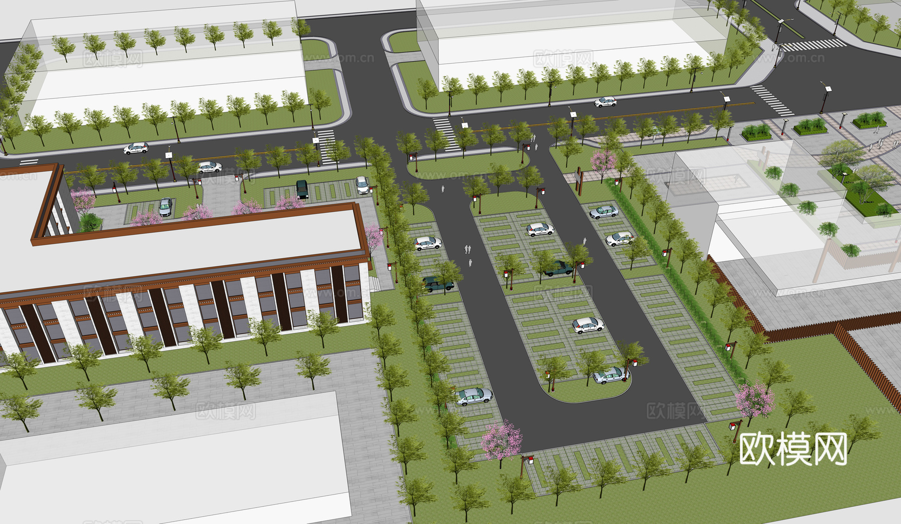 现代景观园林广场园区停车场su模型