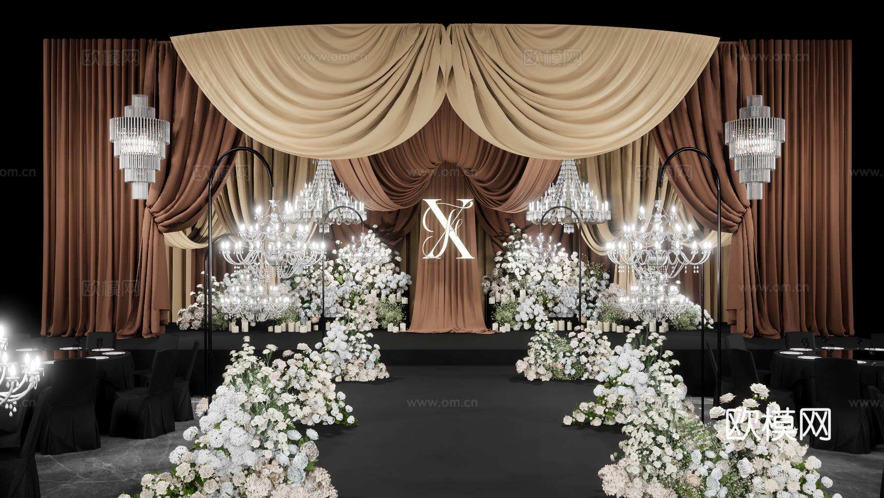 咖啡色布幔婚礼吊顶花艺美陈su模型