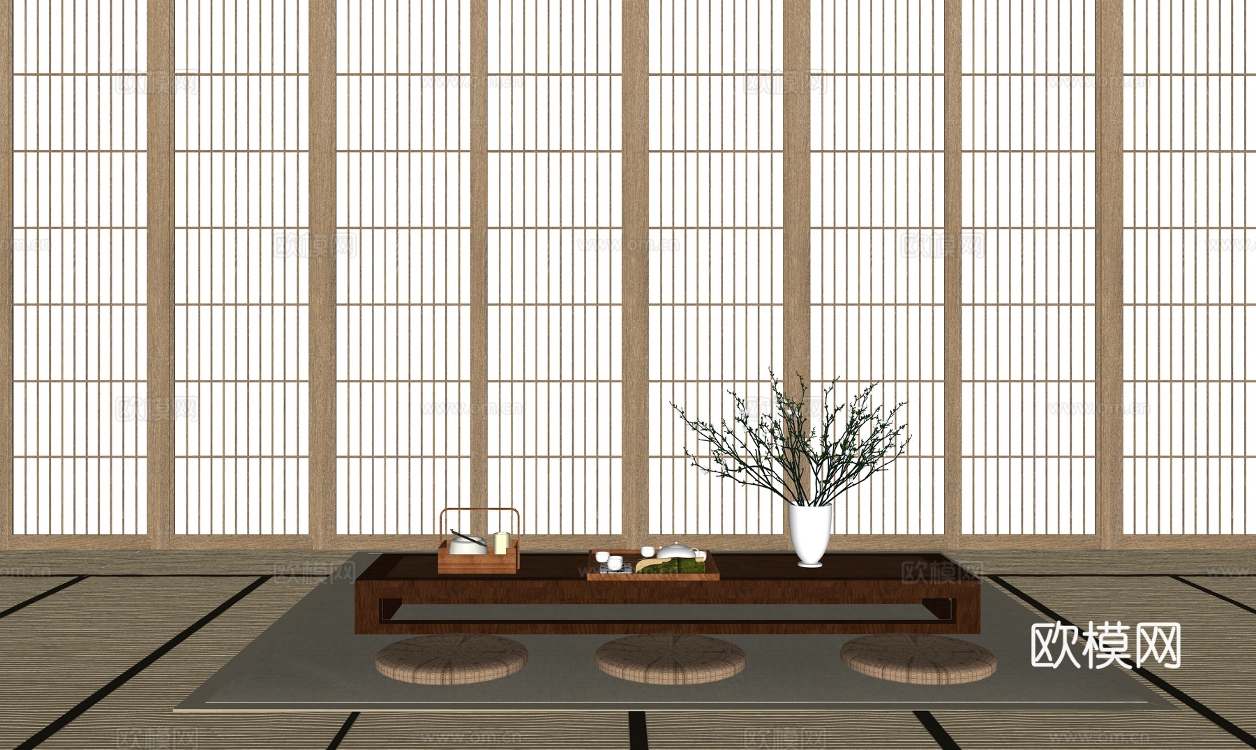 新中式榻榻米茶室su模型