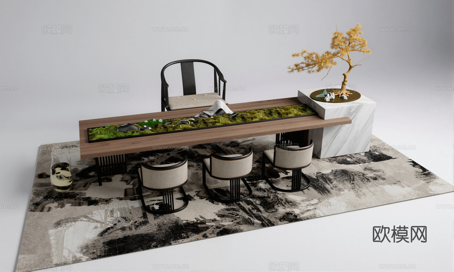 新中式茶桌椅su模型