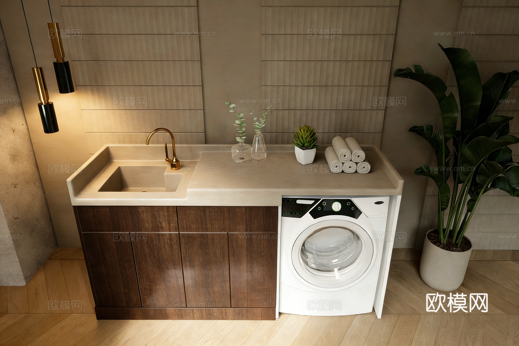 现代简约阳台洗衣柜 洗衣机台上盆 储物柜 绿植花瓶毛巾su模型