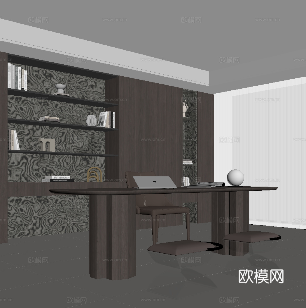 意式书房 书桌椅 书柜su模型