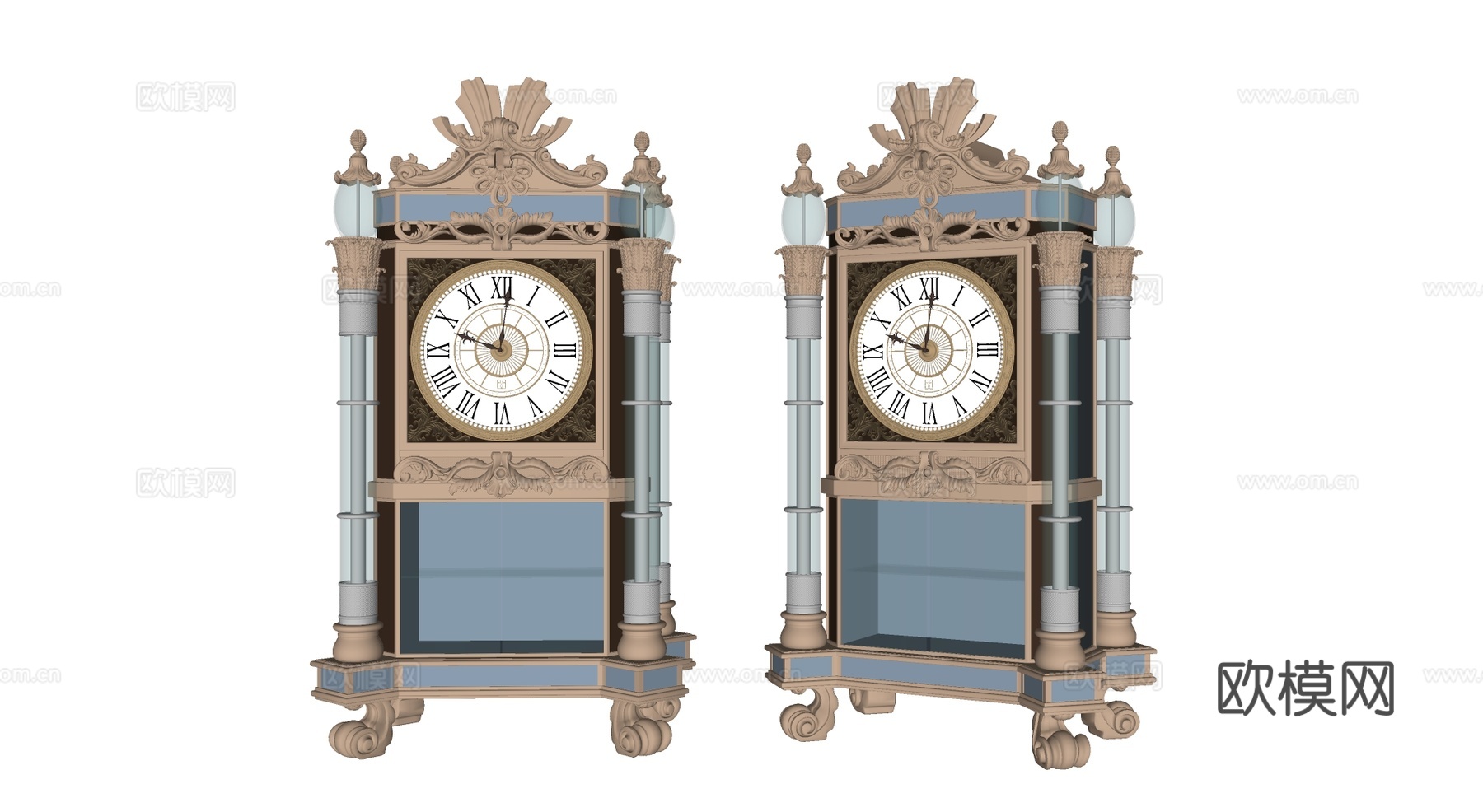 欧式古典豪华座钟 金色雕花 罗马数字表盘 别墅酒店大堂摆件su模型