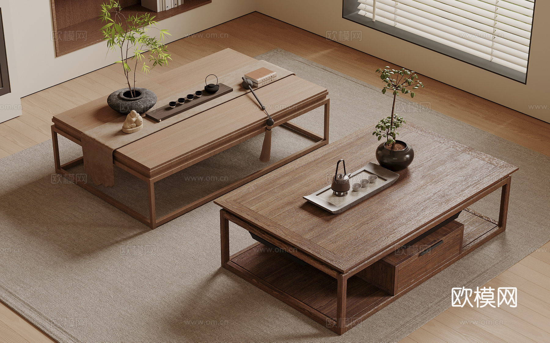 新中式茶几 长方形茶几 木制茶几 客厅茶几su模型