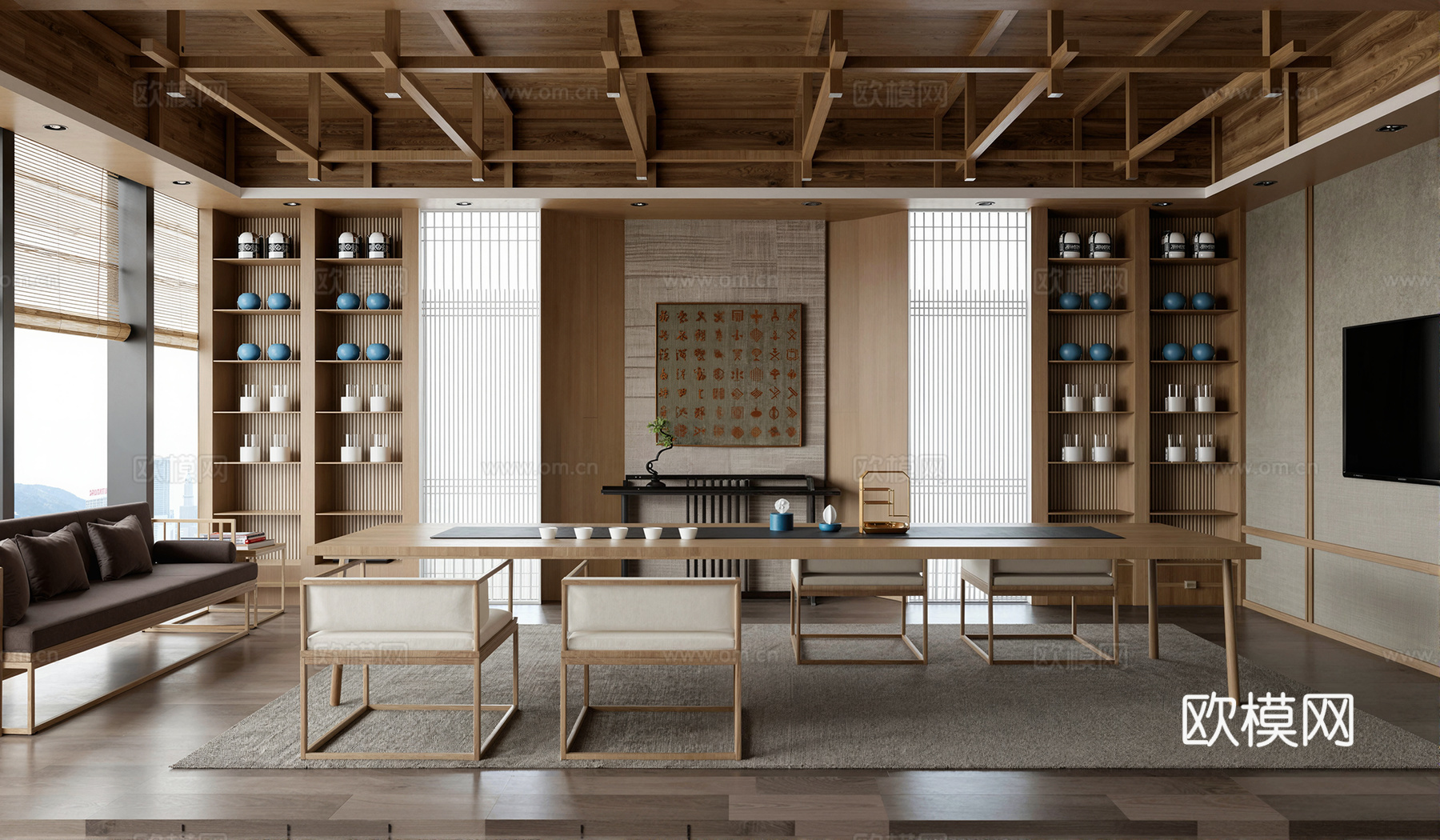 新中式茶室 茶桌椅组合su模型