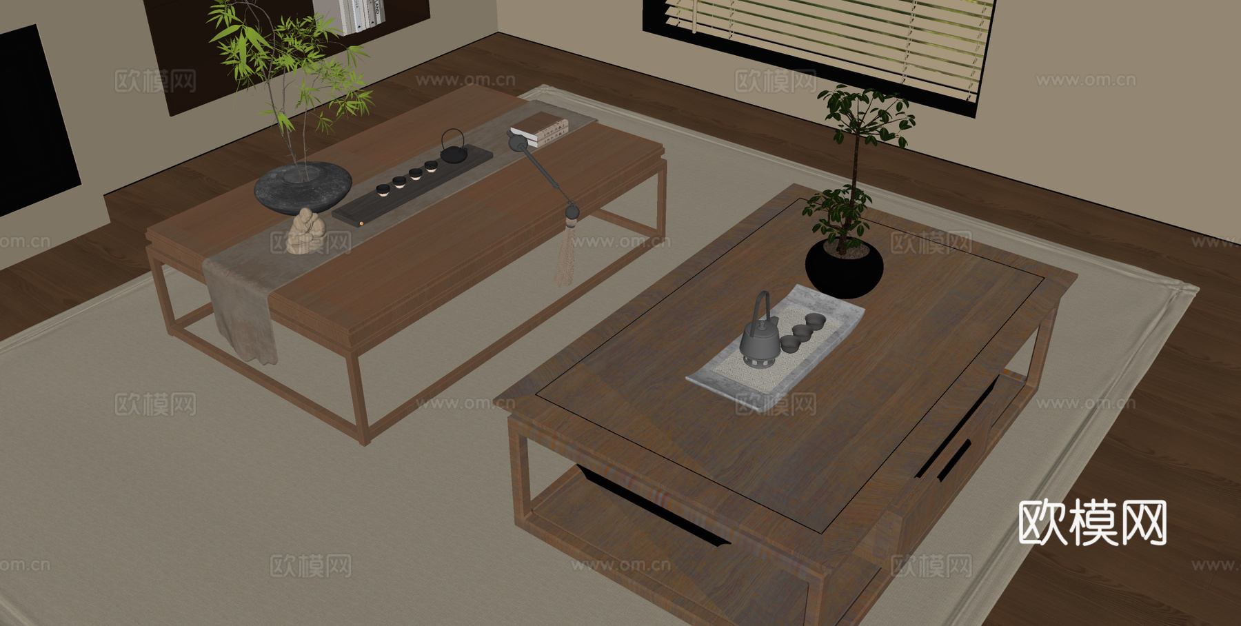 新中式茶几 长方形茶几 木制茶几 客厅茶几su模型