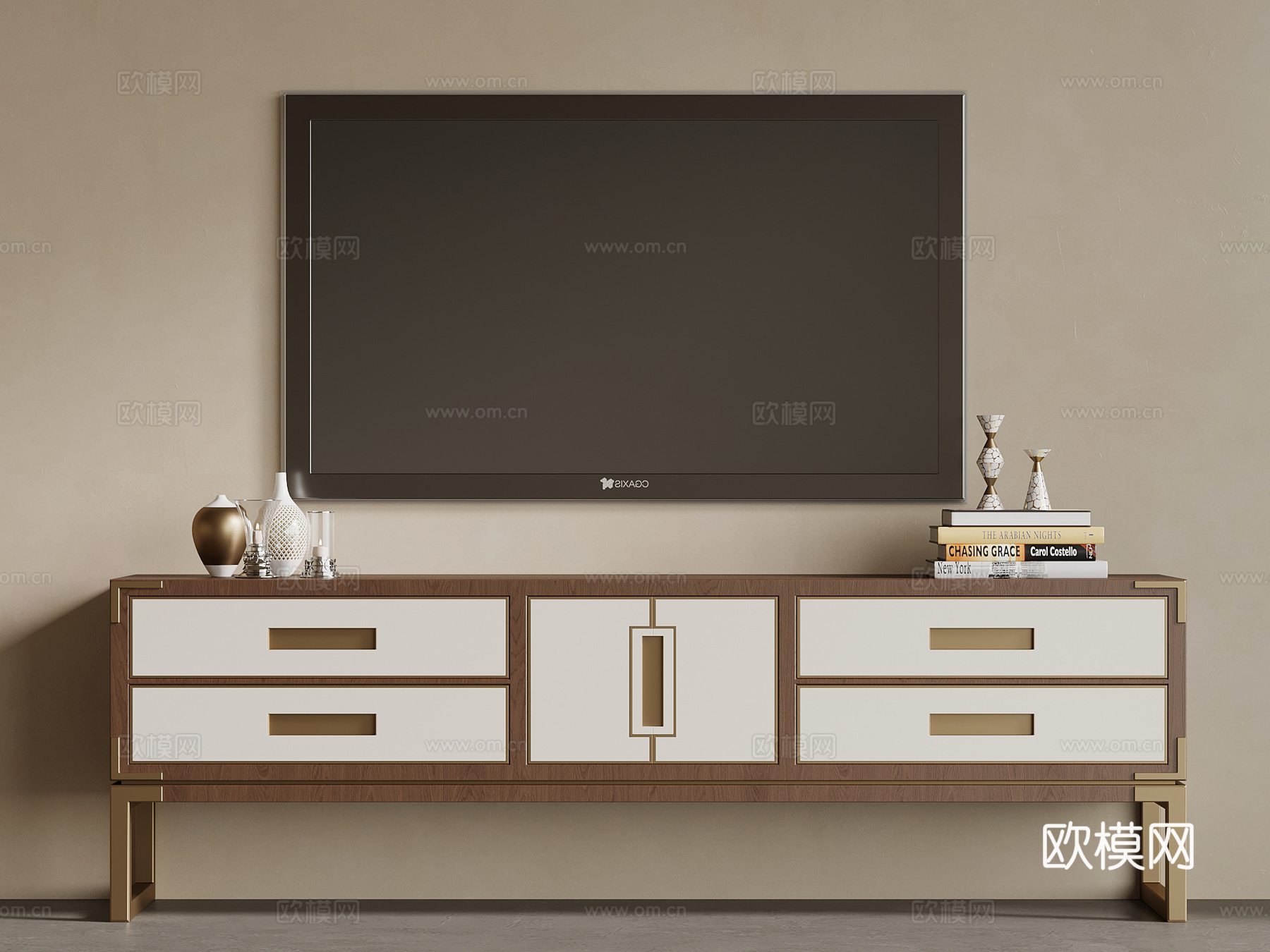 新中式电视柜 边柜su模型下载（渲染图1）