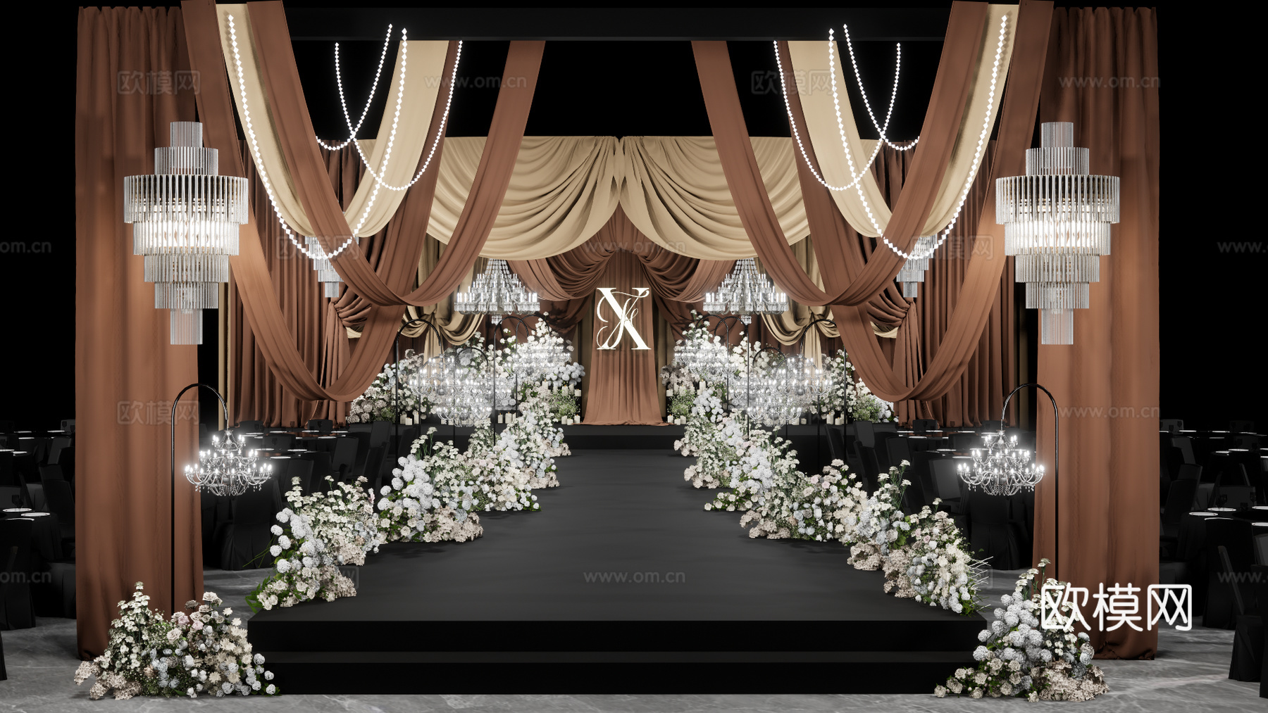 咖啡色布幔婚礼吊顶花艺美陈su模型