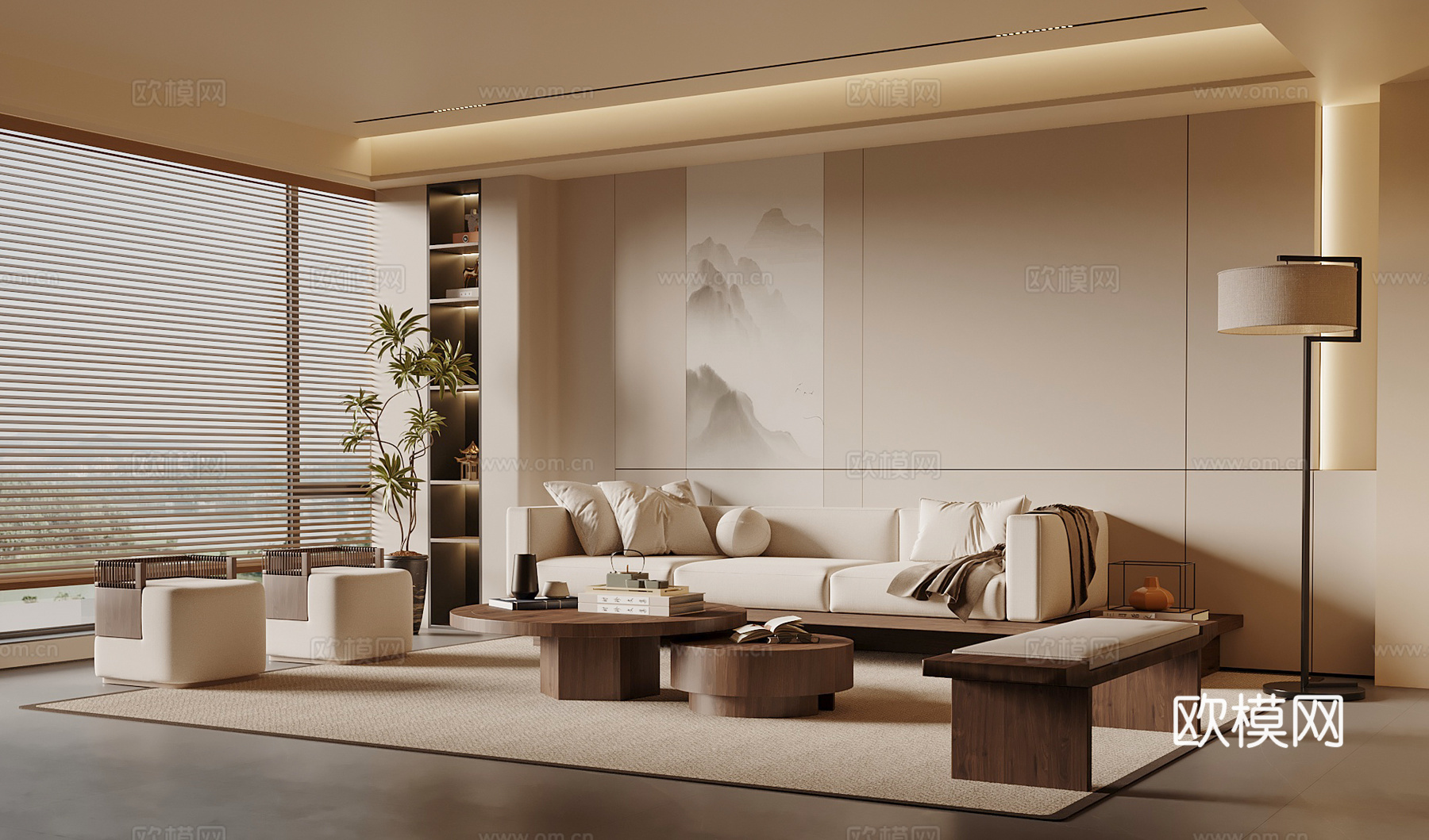 宋式禅意客厅 沙发茶几组合 沙发背景墙 家居客厅su模型