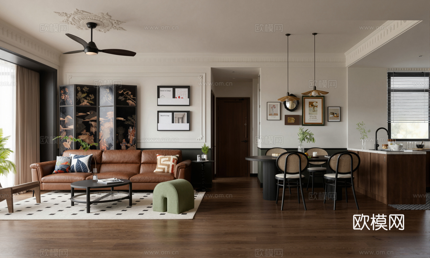 复古微美式客厅现代家居客厅su模型