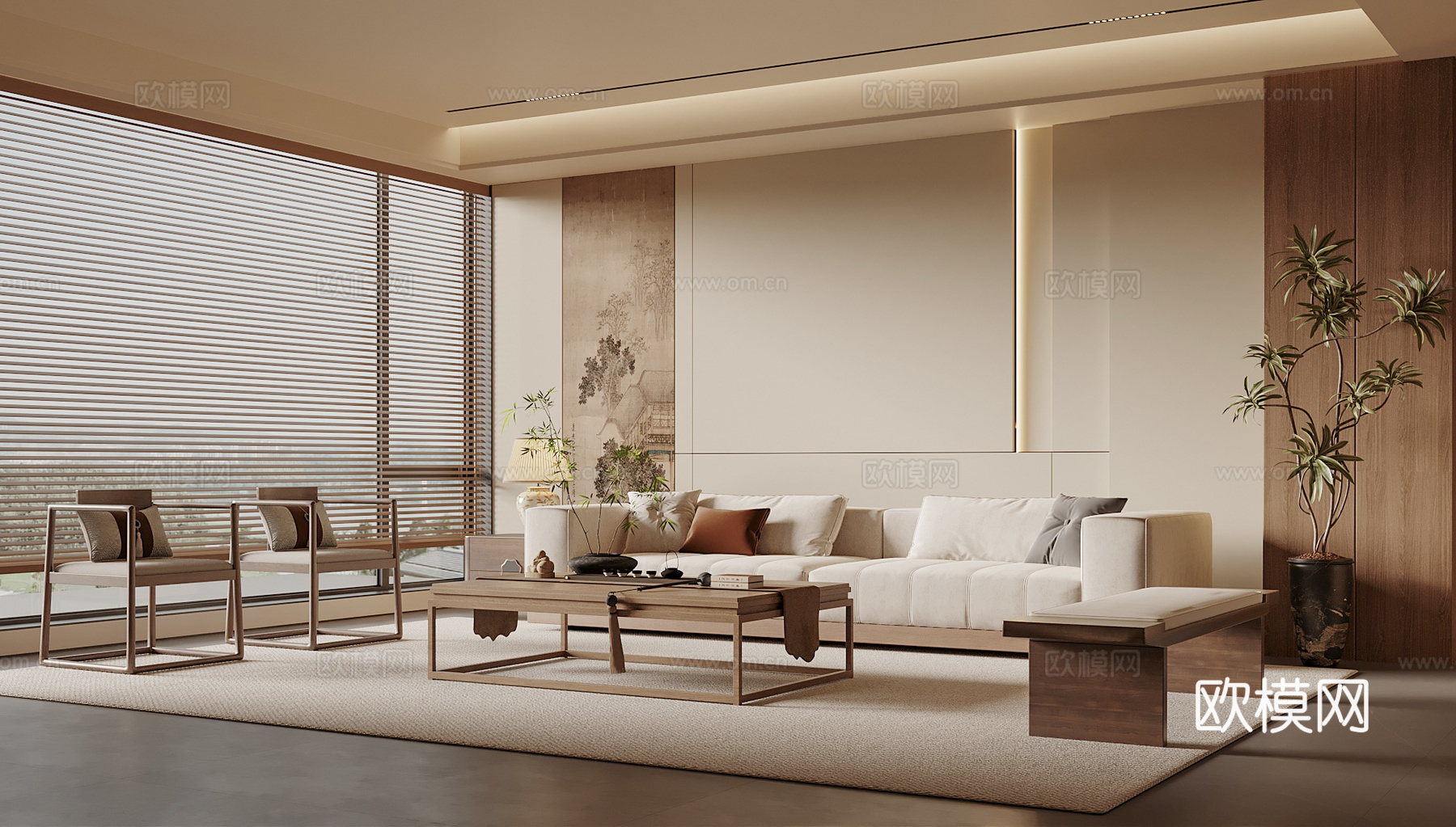宋式禅意客厅 沙发茶几组合 沙发背景墙 家居客厅su模型