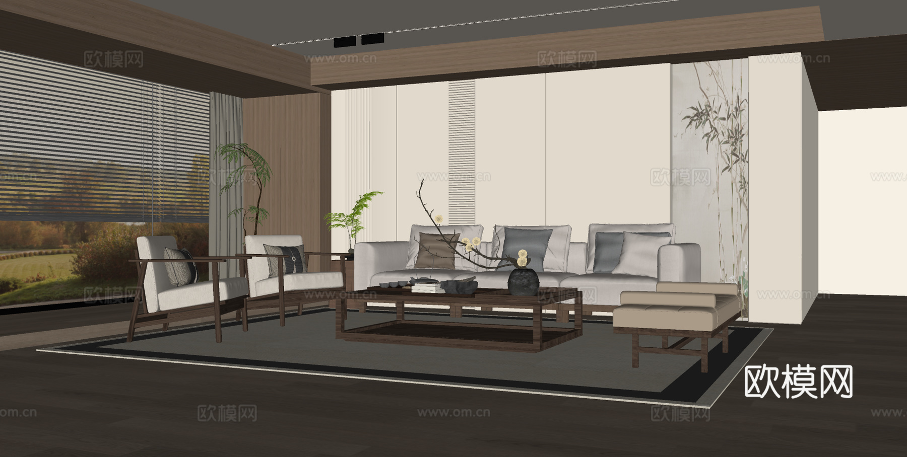 宋式禅意客厅 沙发茶几组合 沙发背景墙 家居客厅su模型