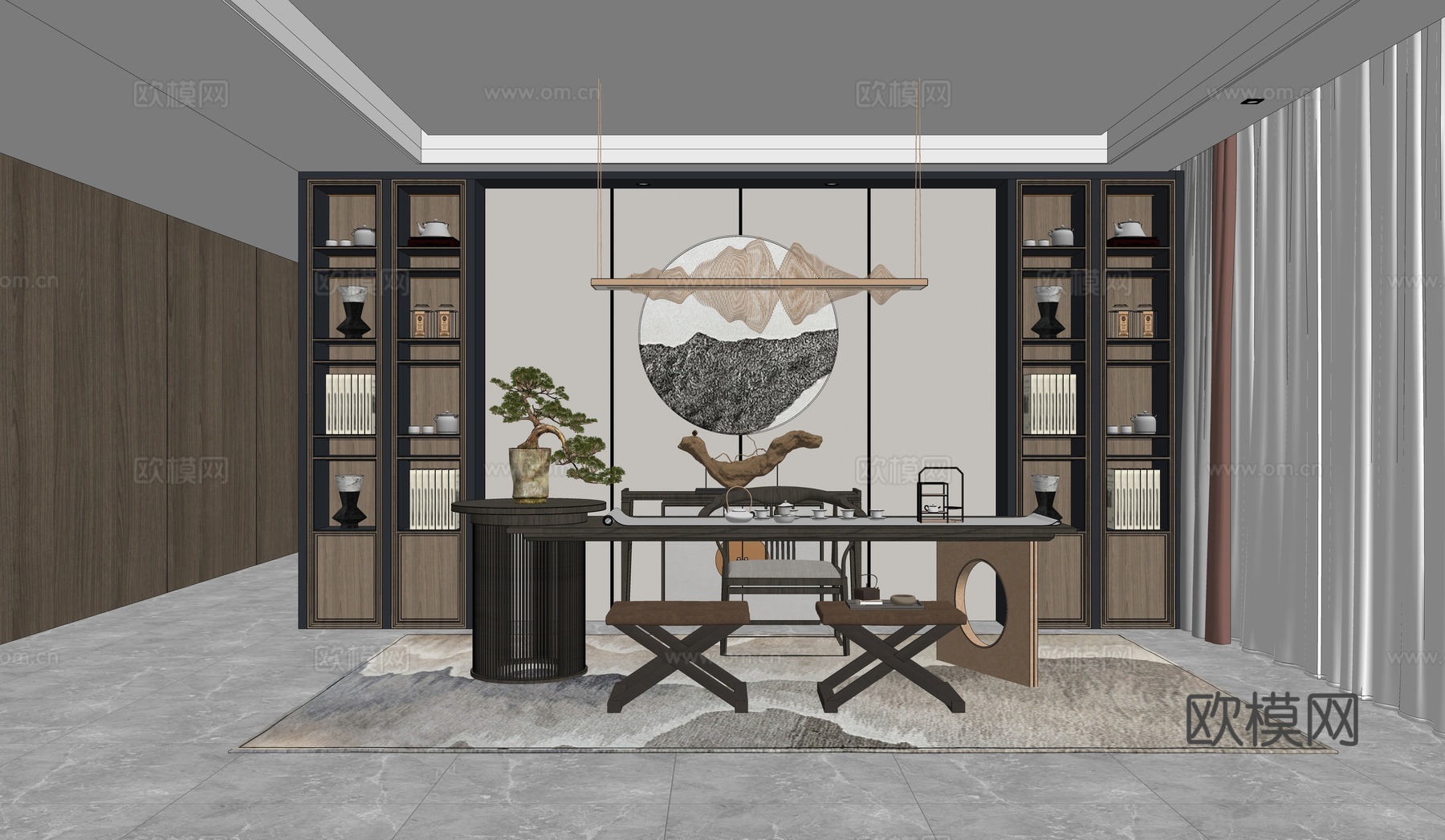 新中式茶室 茶桌椅组合su模型