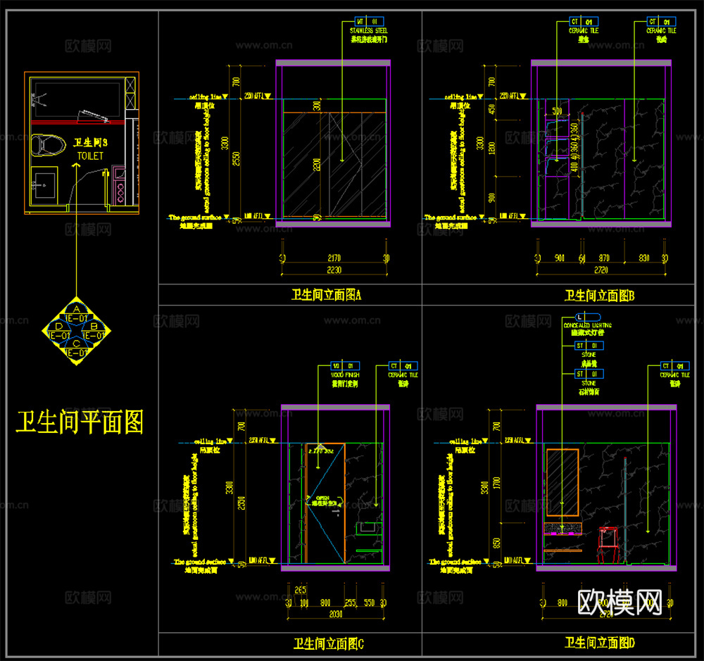 卫生间立面图  墙面节点 卫生间平面布局  卫浴节点cad施工图