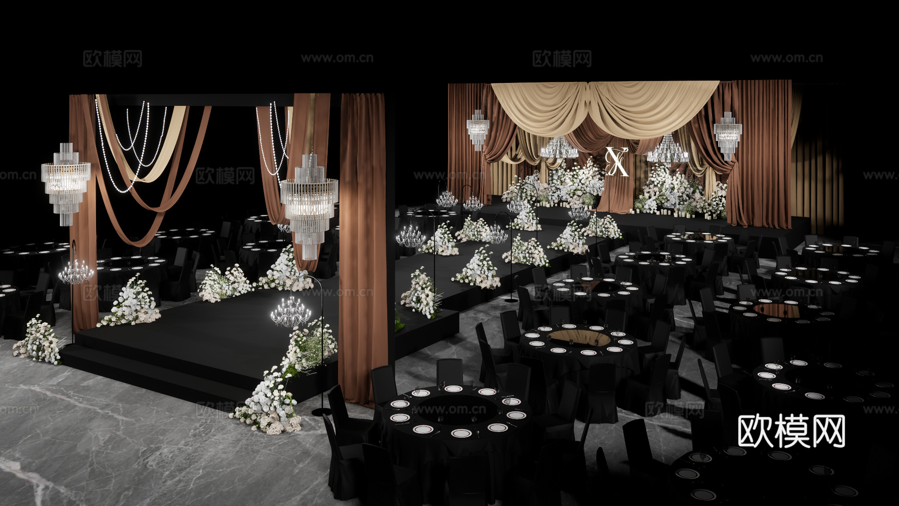 咖啡色布幔婚礼吊顶花艺美陈su模型
