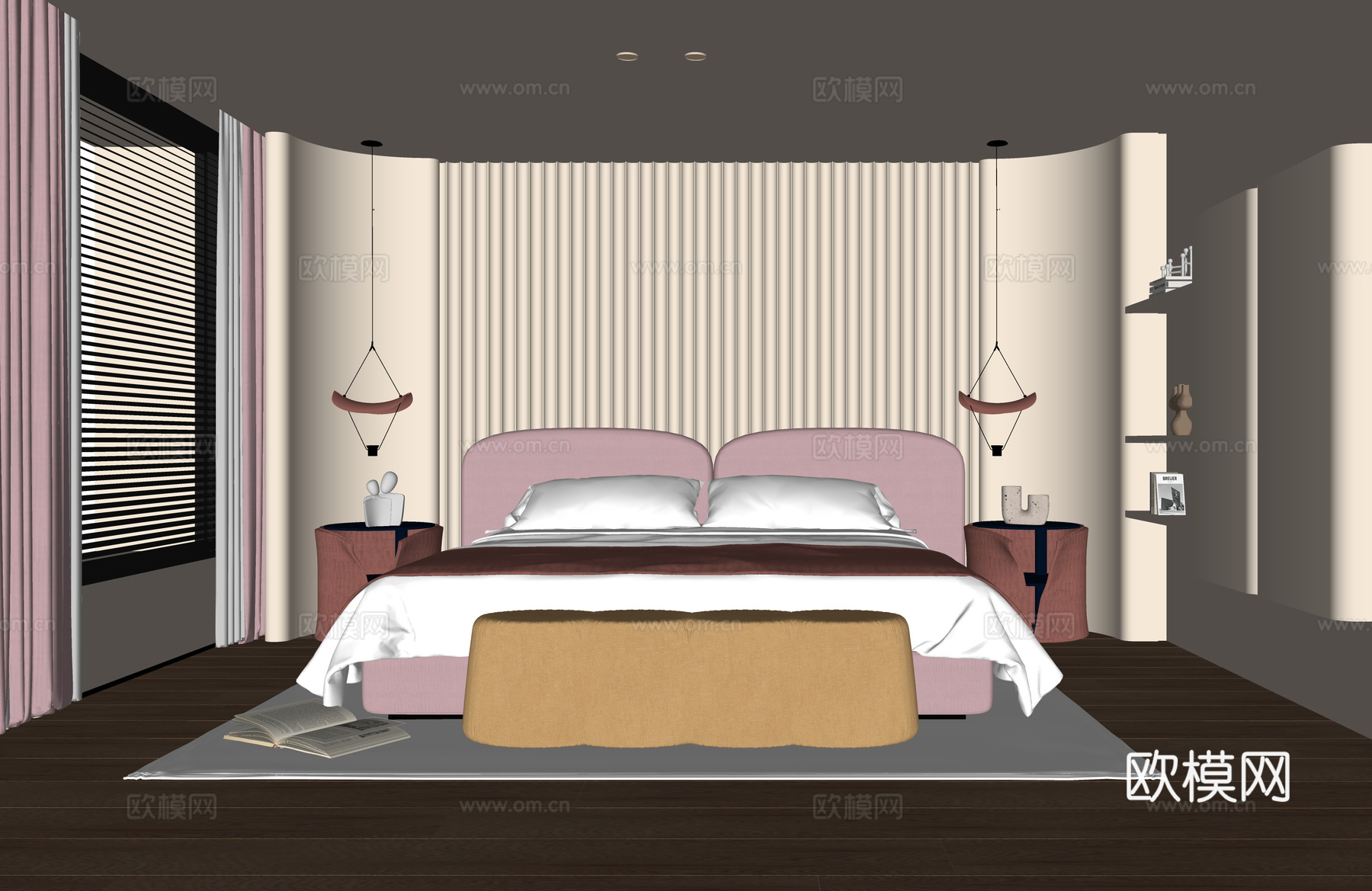 现代女孩房 儿童房 床头柜 儿童床su模型