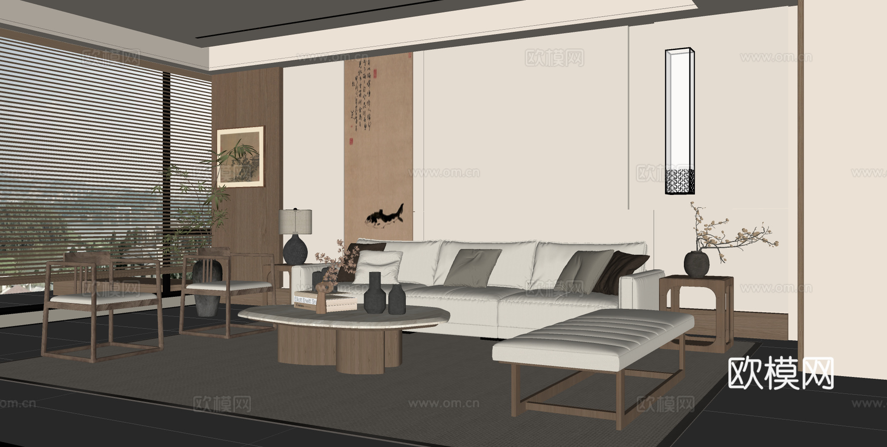 宋式禅意客厅 沙发茶几组合 沙发背景墙su模型