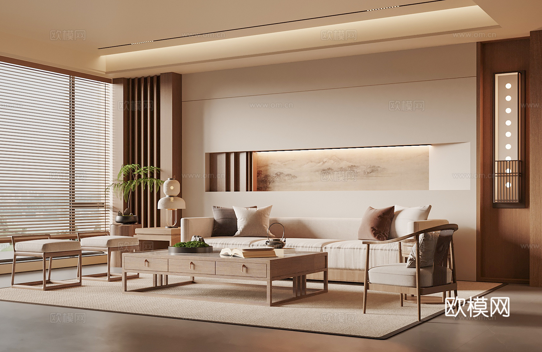 宋式禅意客厅 沙发茶几组合 沙发背景墙 家居客厅su模型