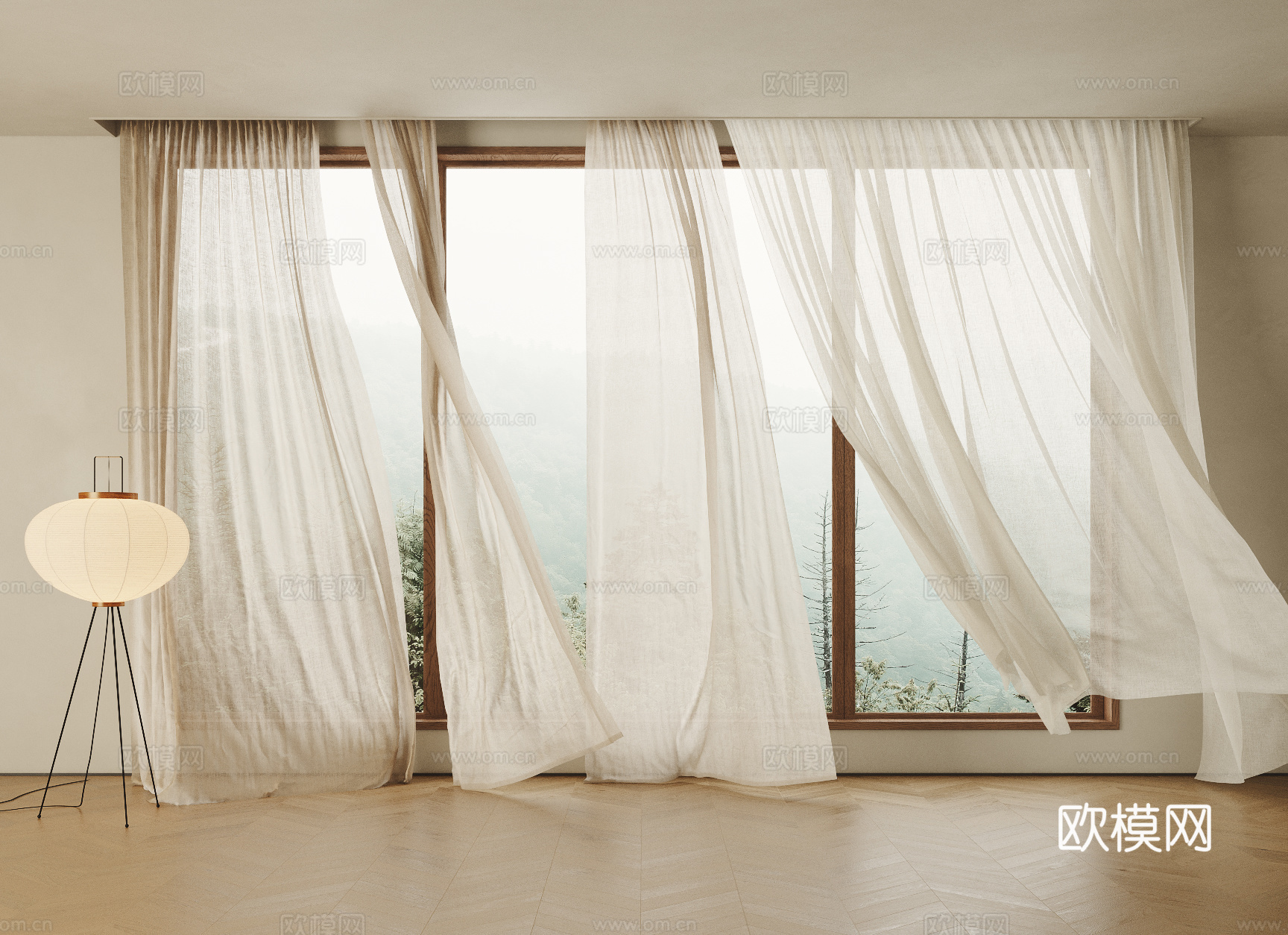 侘寂奶油风窗帘 布艺窗帘 飘动窗帘 落地灯 地板su模型