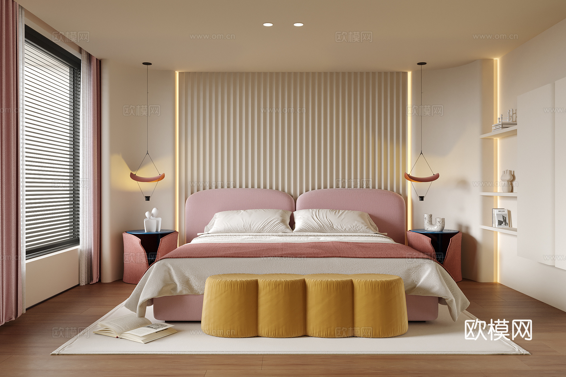 现代女孩房 儿童房 床头柜 儿童床su模型