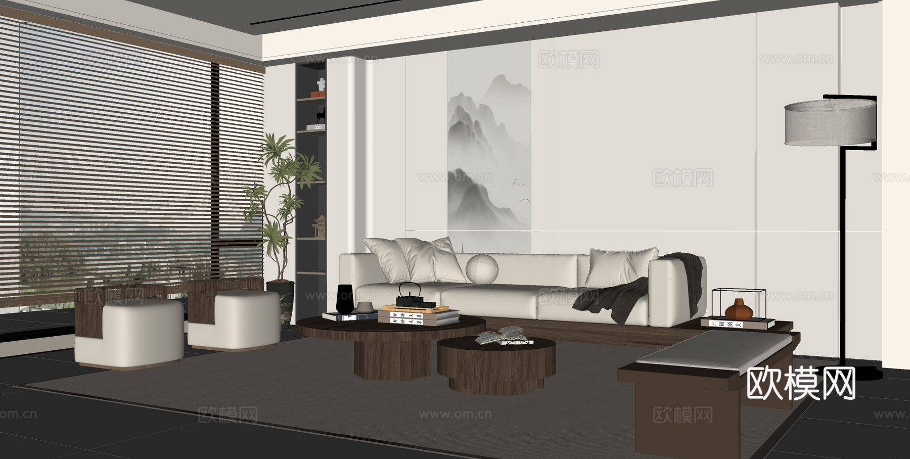 宋式禅意客厅 沙发茶几组合 沙发背景墙 家居客厅su模型