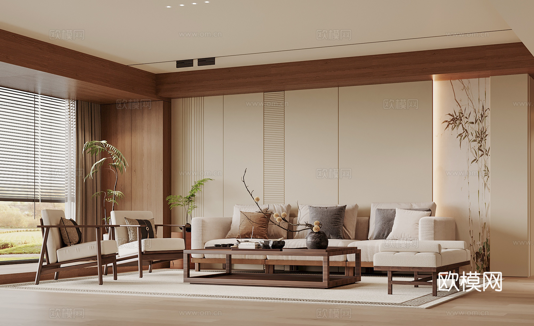 宋式禅意客厅 沙发茶几组合 沙发背景墙 家居客厅su模型