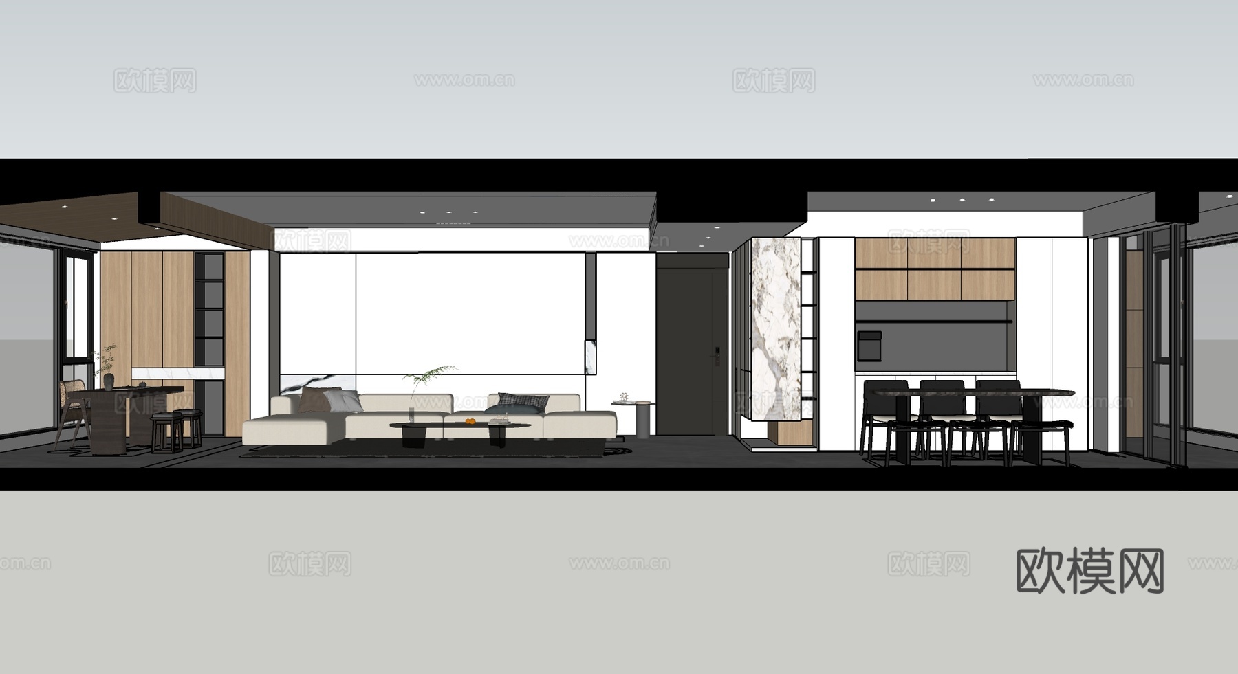 家装-玄关客餐厅一体su模型