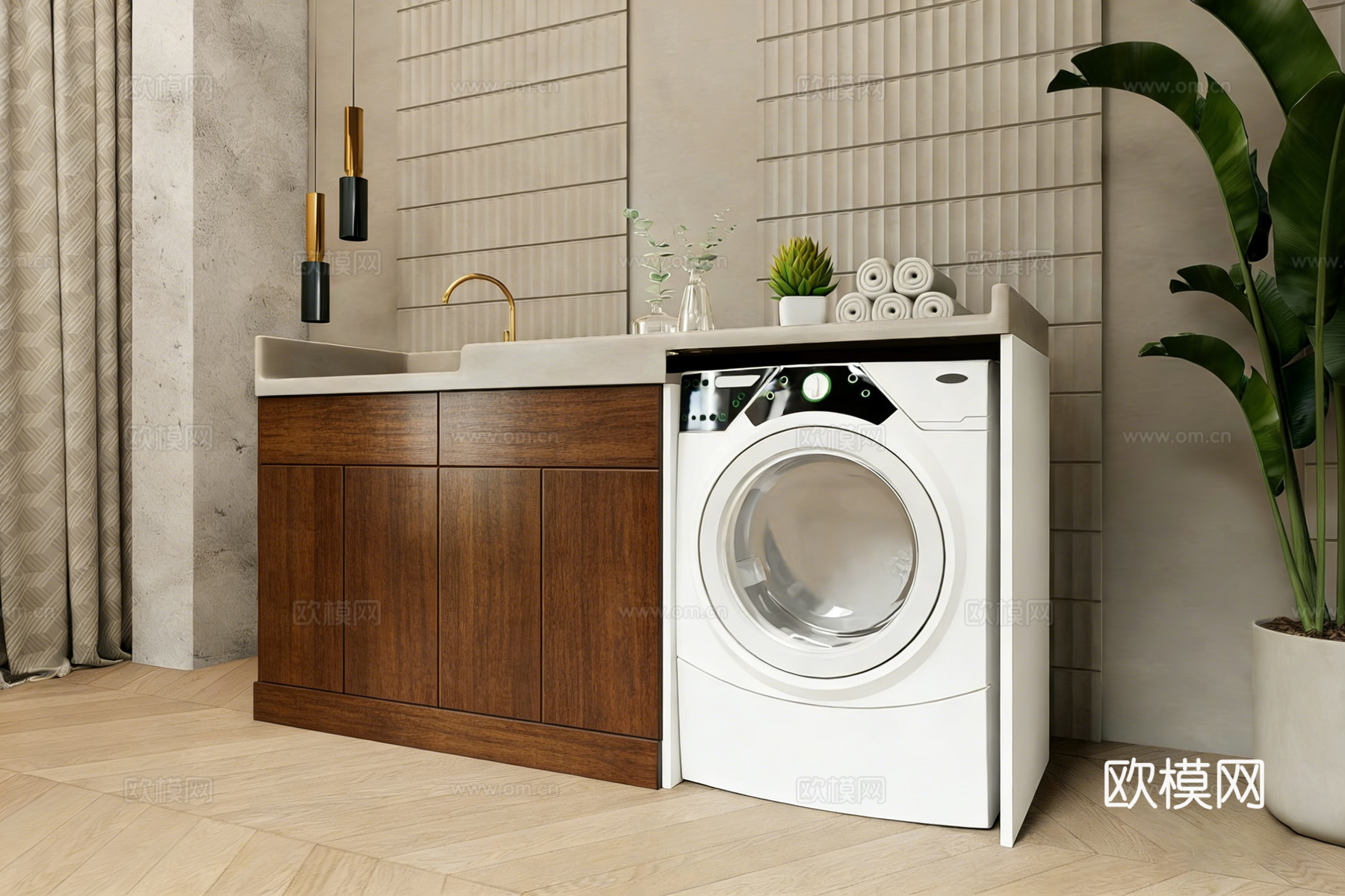 现代简约阳台洗衣柜 洗衣机台上盆 储物柜 绿植花瓶毛巾su模型