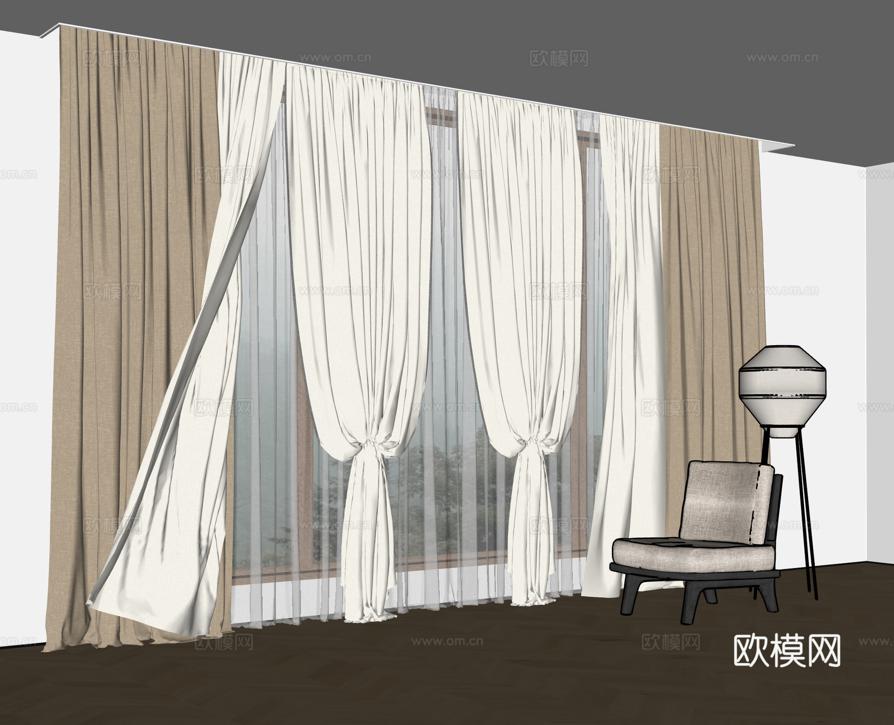 现代法式窗帘 遮光帘 纱帘su模型