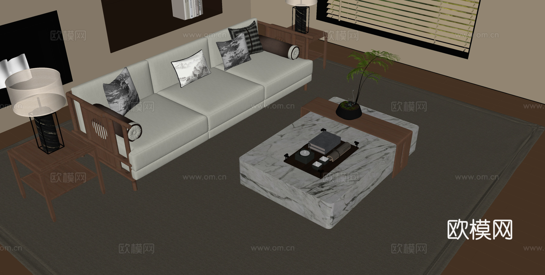 宋式沙发茶几组合 木制沙发 多人沙发 长形茶几su模型