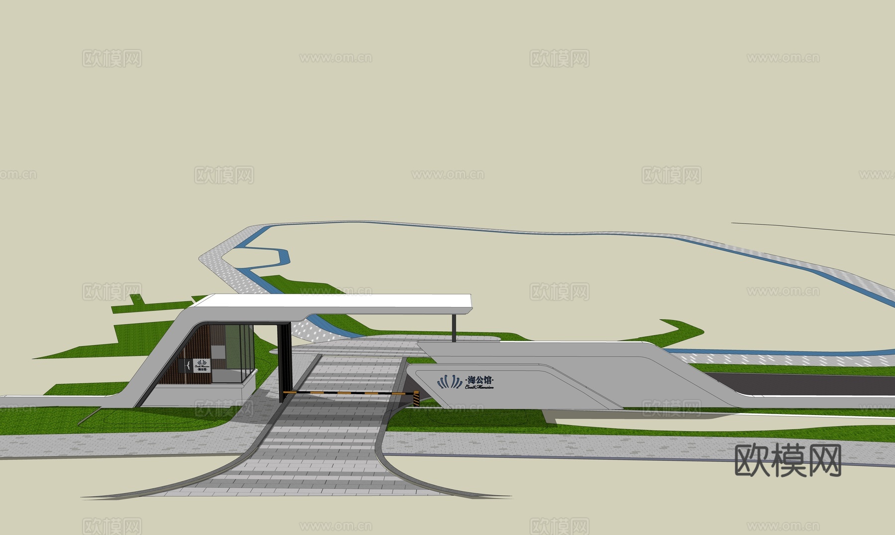 户外简约大门入口门面门头su模型