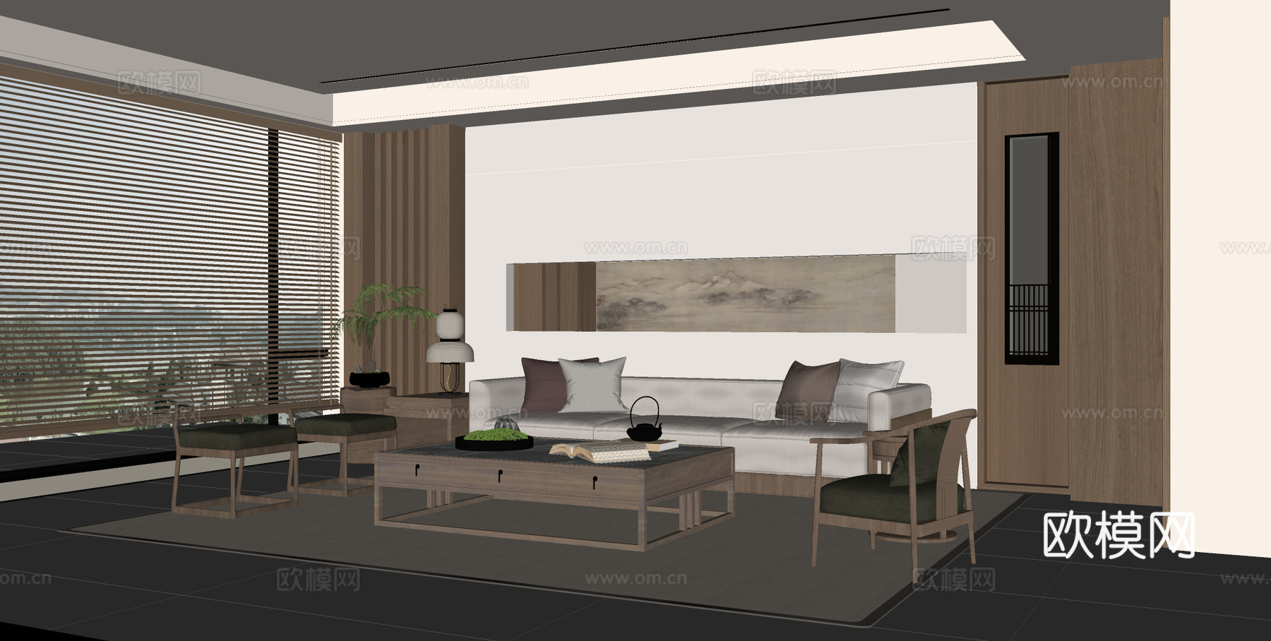 宋式禅意客厅 沙发茶几组合 沙发背景墙 家居客厅su模型