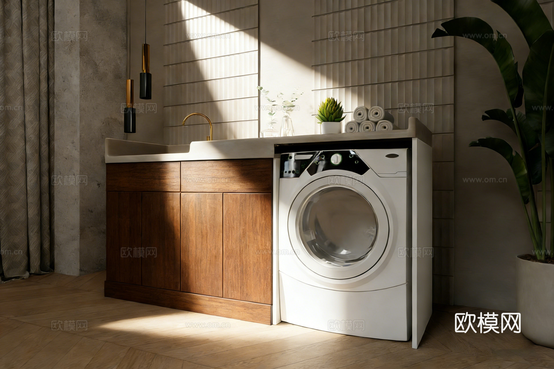 现代简约阳台洗衣柜 洗衣机台上盆 储物柜 绿植花瓶毛巾su模型