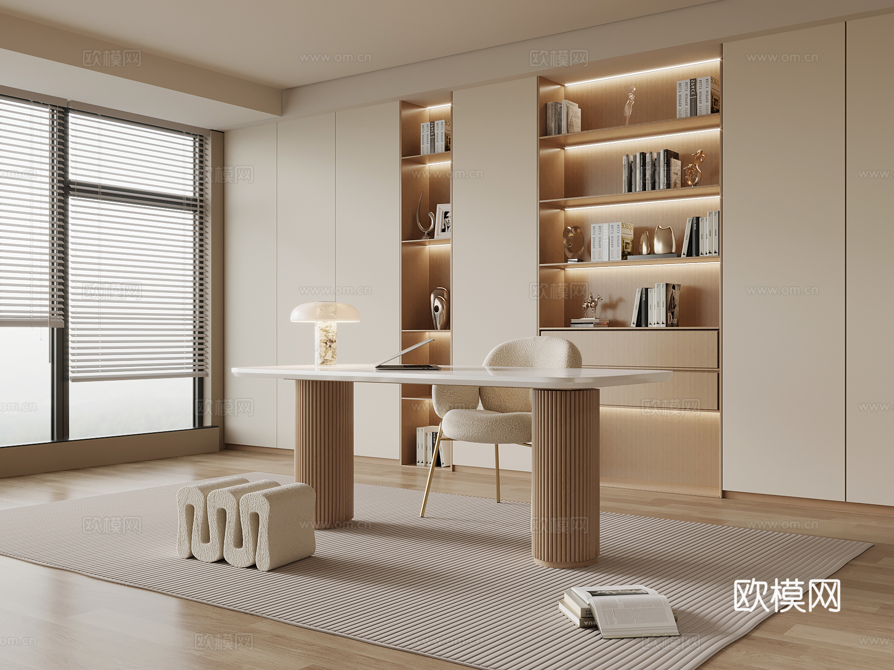 奶油风书房 书桌椅 书柜su模型