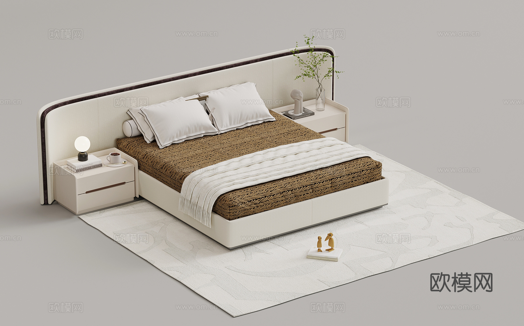现代双人床 床头柜su模型
