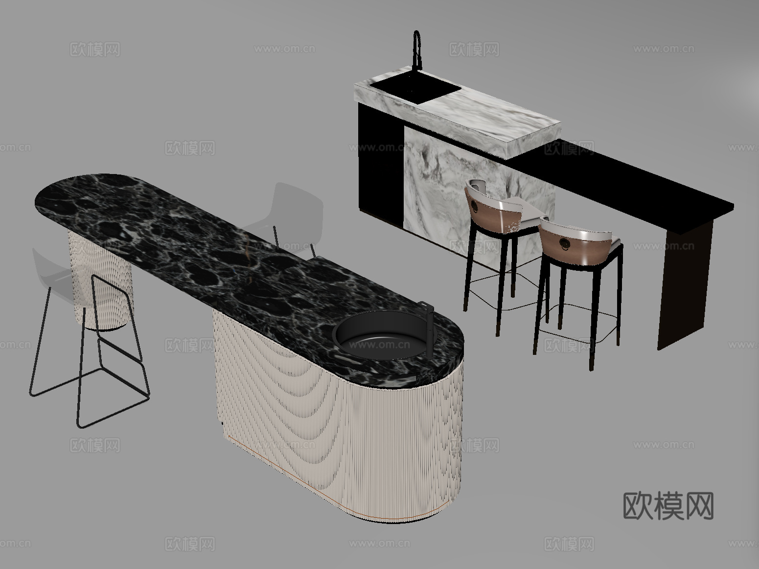 现代中岛台 吧台 操作台 餐桌椅su模型