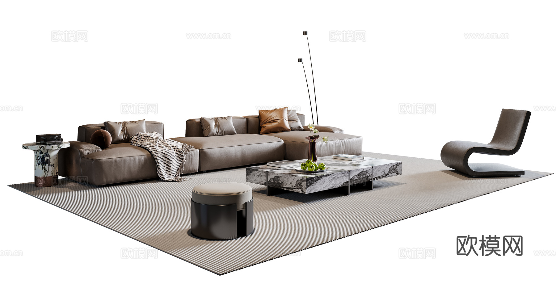 现代意式沙发茶几组合 转角沙发 皮质沙发 休闲椅 地毯su模型