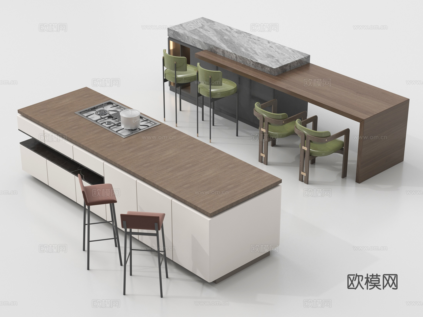 现代中岛台 吧台 操作台 餐桌椅su模型