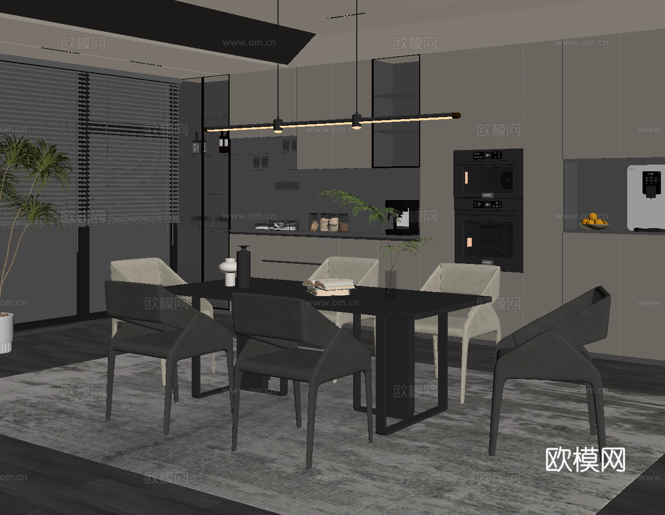 现代餐厅 餐桌椅 酒柜 餐边柜su模型