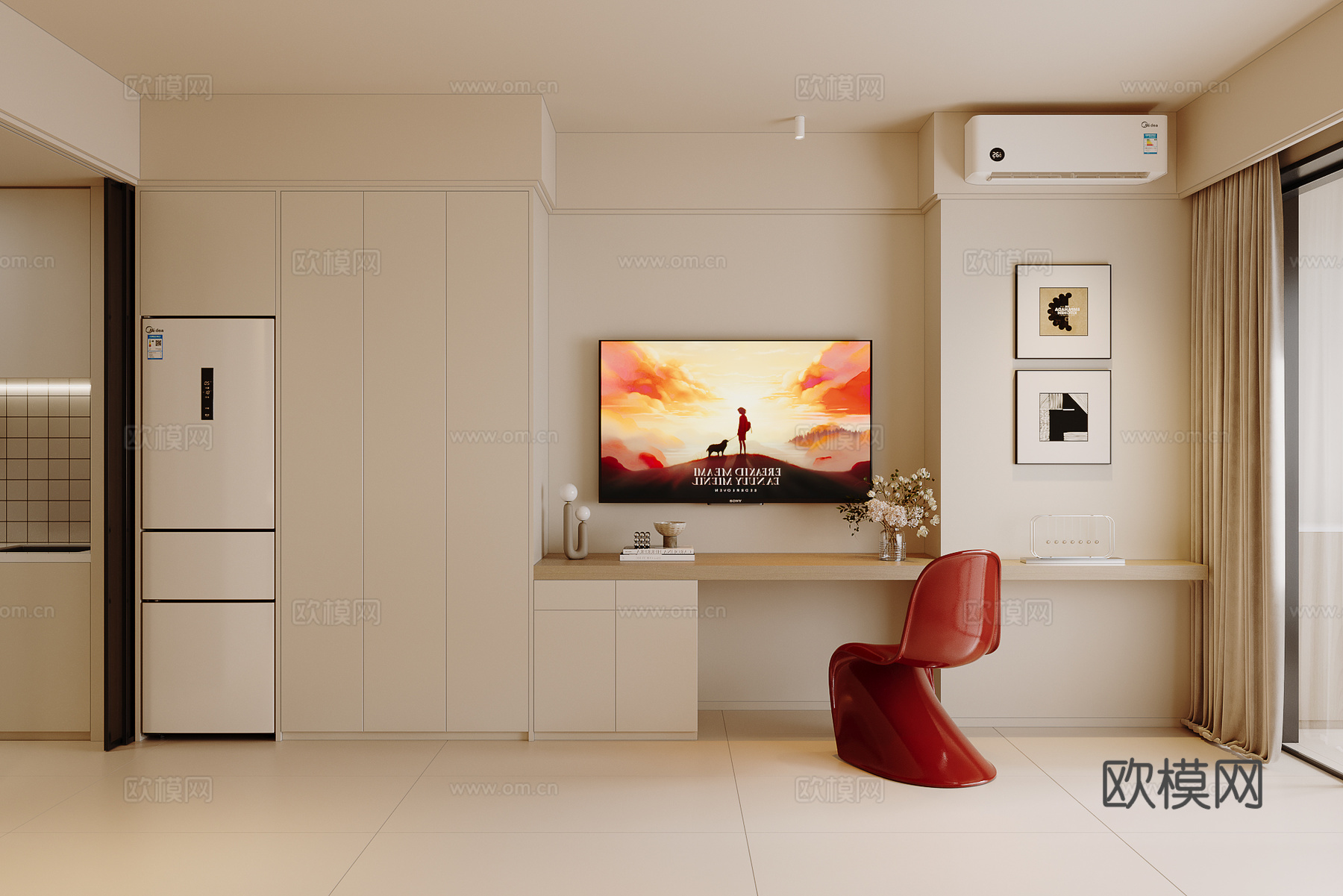 奶油风电视书桌一体柜su模型