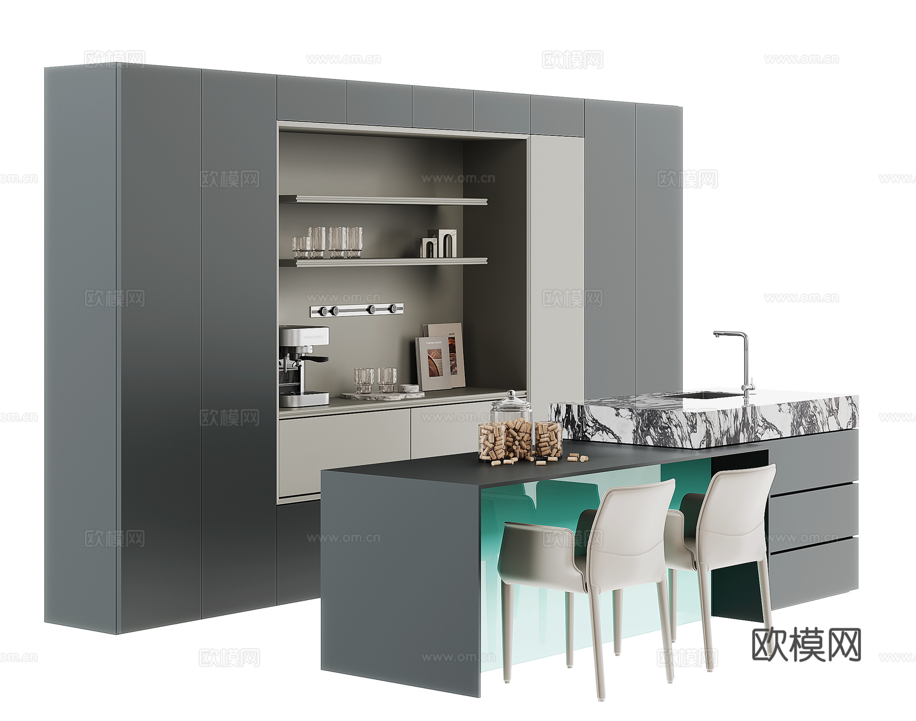 现代岛台餐桌su模型