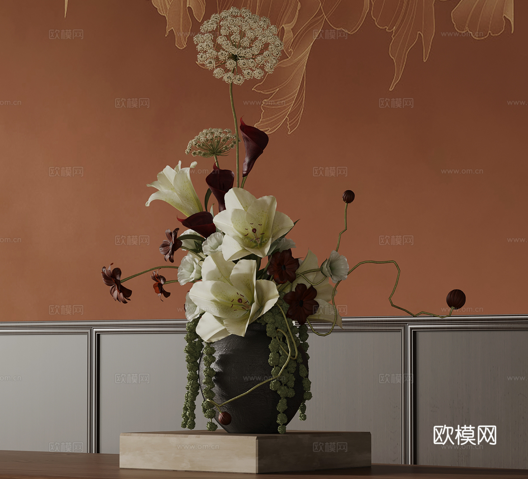 新中式花瓶 花艺插花su模型