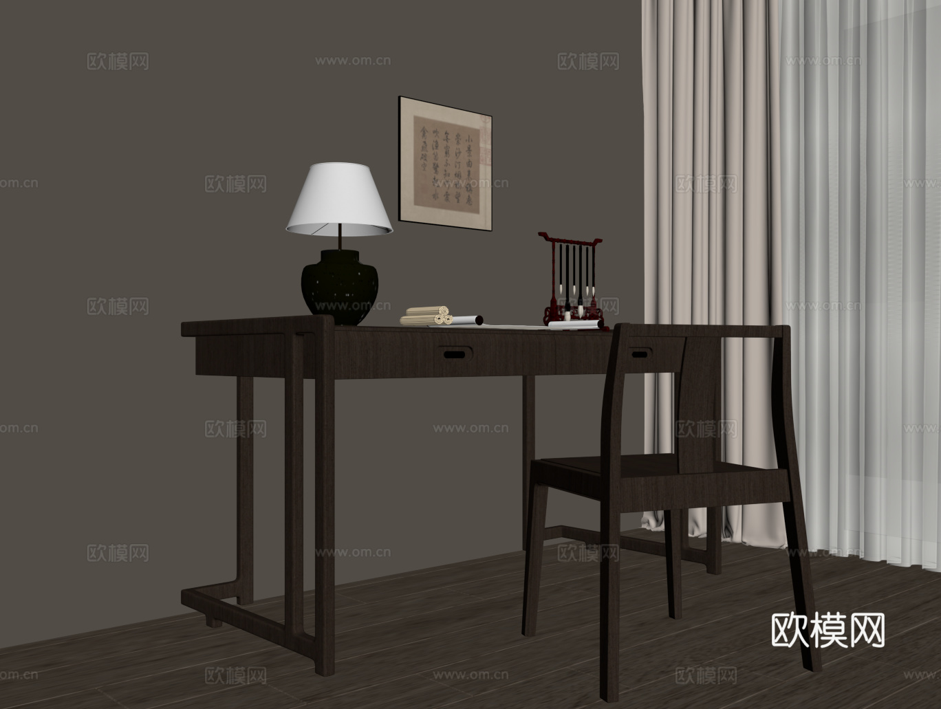 新中式书桌椅su模型
