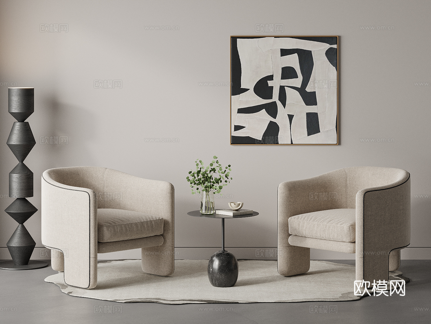 现代休闲桌椅 洽谈桌椅 洽谈区 休闲区 小圆几 落地灯 挂画su模型