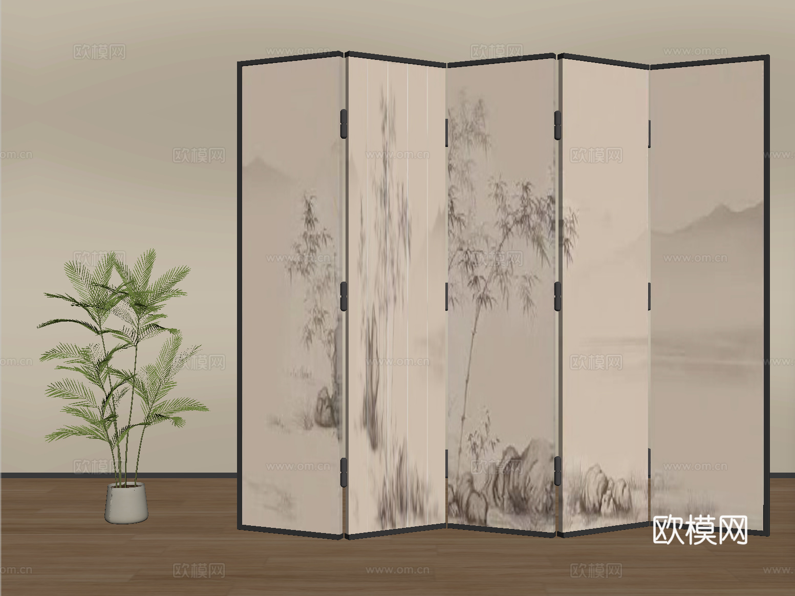 新中式屏风 禅意水墨画屏风su模型