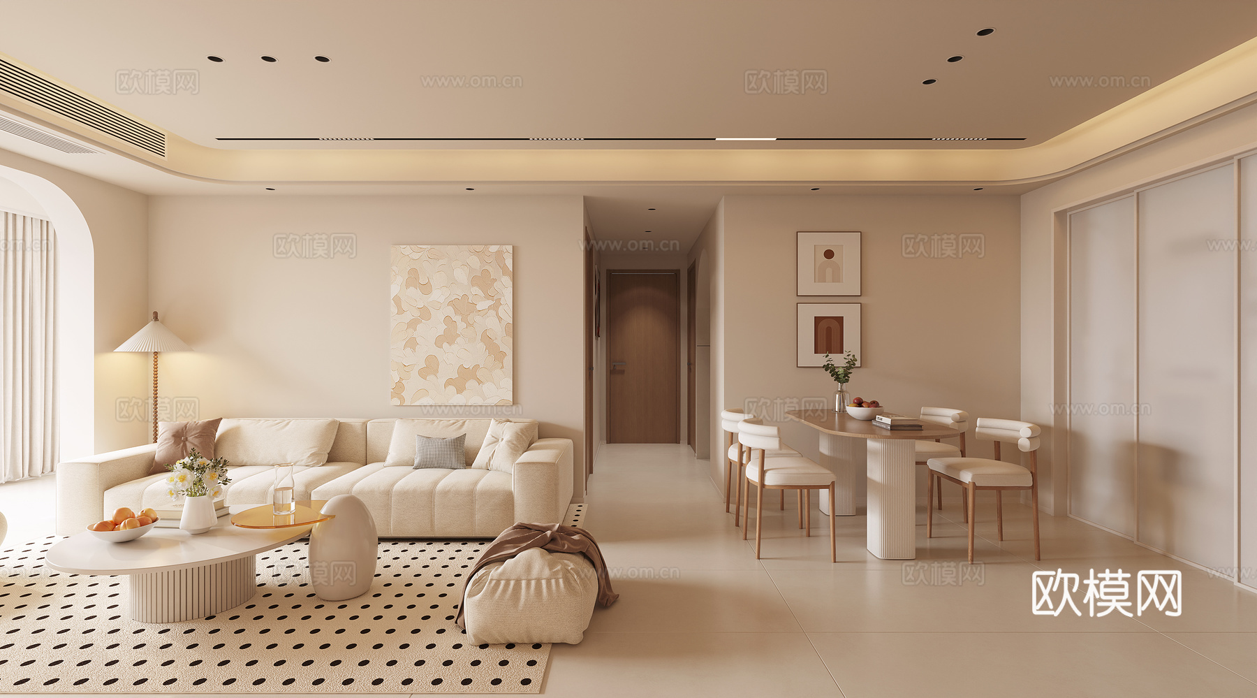 奶油原木客餐厅3d模型下载（渲染图2）