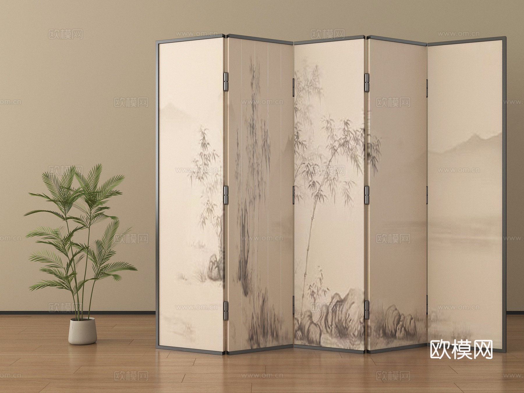新中式屏风 禅意水墨画屏风su模型