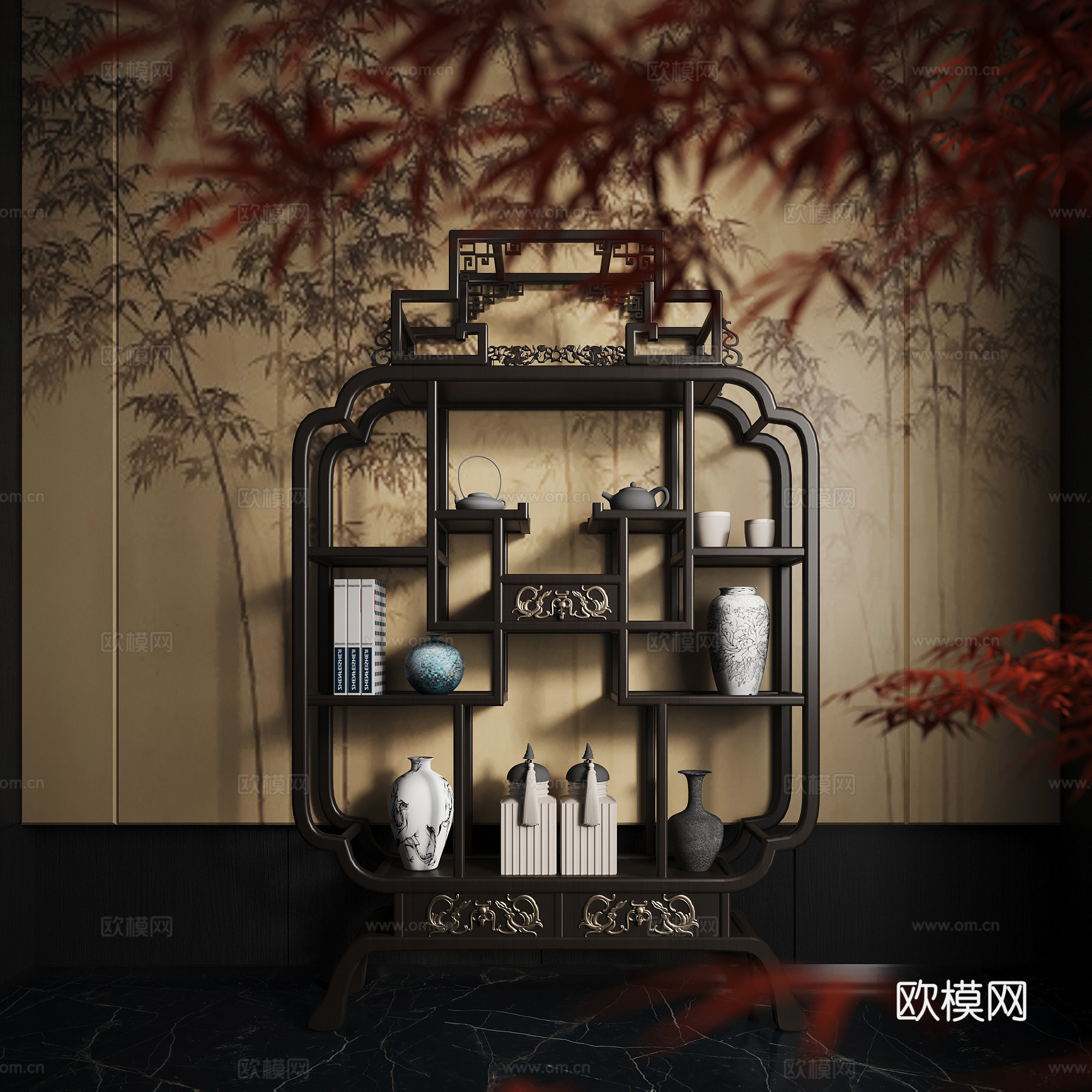 新中式装饰架 博古架 置物架su模型